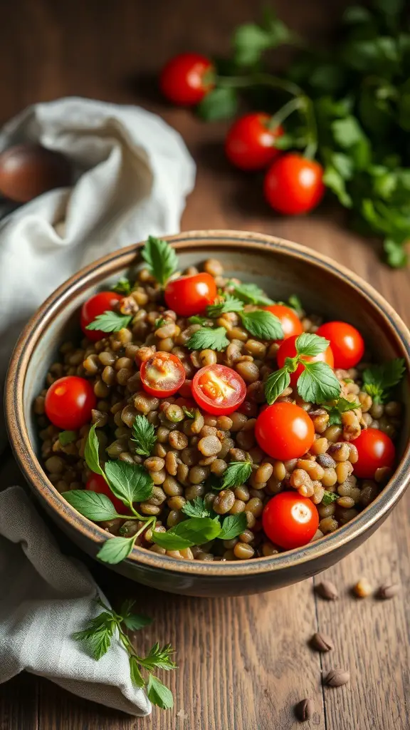 A bowl of lentil salad with cherry tomatoes and fresh herbs on a wooden table.