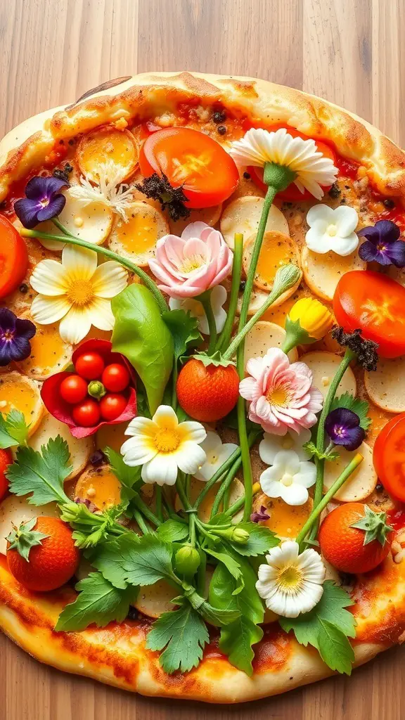 A colorful pizza topped with fresh vegetables and edible flowers, showcasing a spring garden theme.