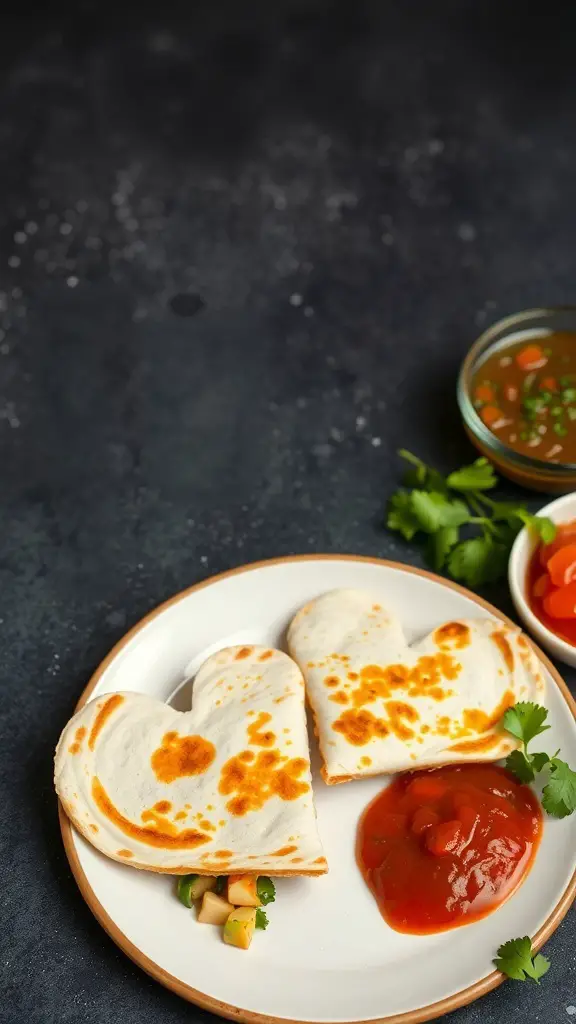 Heart-shaped quesadillas on a plate with salsa and toppings