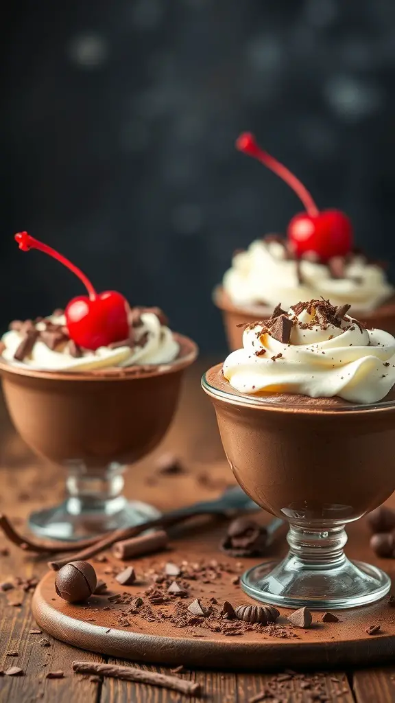 Chocolate mousse cups topped with whipped cream and cherries