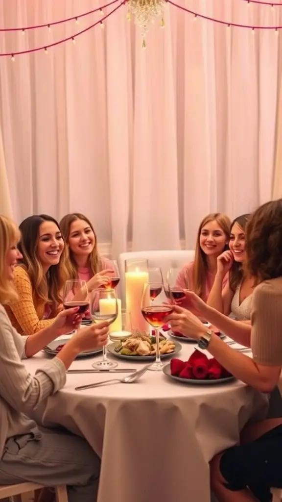 A group of friends enjoying a dinner party, smiling and toasting with drinks.