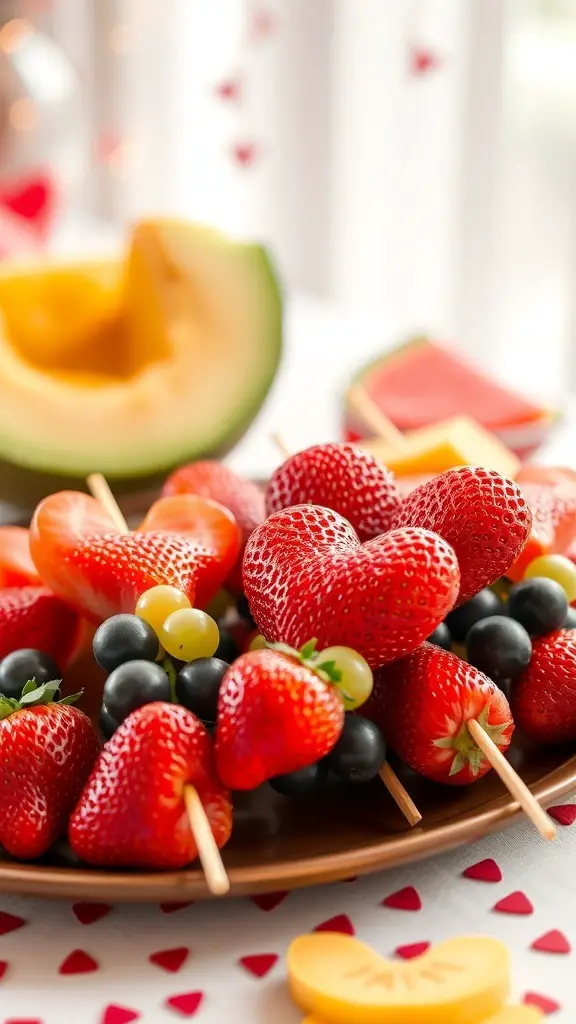 A plate of heart-shaped fruit kabobs made with strawberries, blueberries, and green grapes.