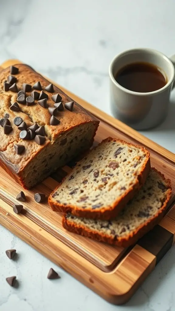 A loaf of chocolate chip banana bread with slices cut, placed on a wooden board next to a cup of coffee.