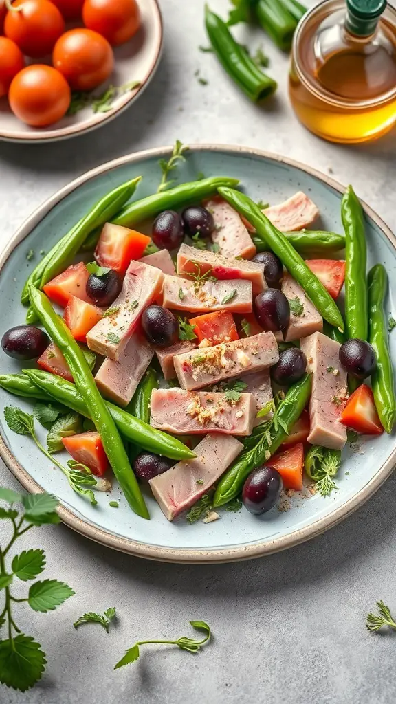 A colorful Nicoise salad with fresh tuna, green beans, tomatoes, and olives on a plate.