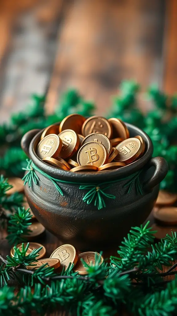 A pot filled with chocolate coins surrounded by green decorations.