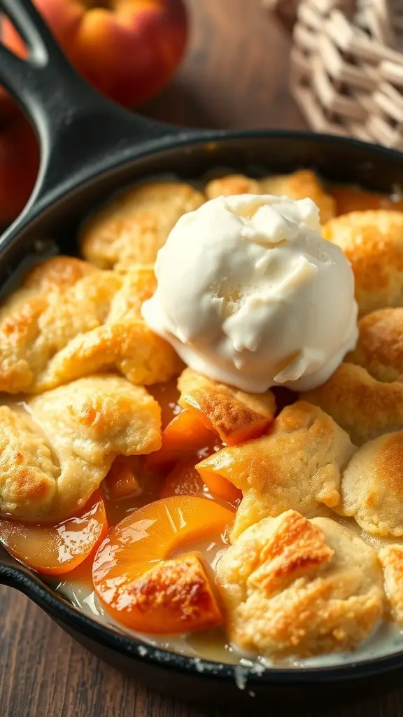 A warm peach cobbler topped with biscuit crust and a scoop of ice cream.