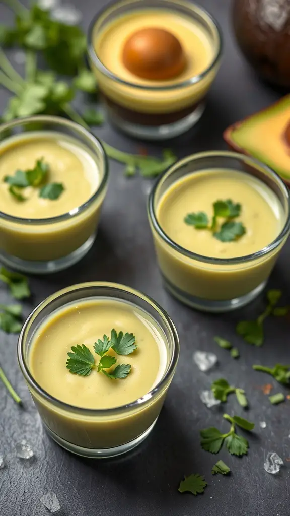 Chilled avocado soup shots in small glasses, garnished with cilantro.
