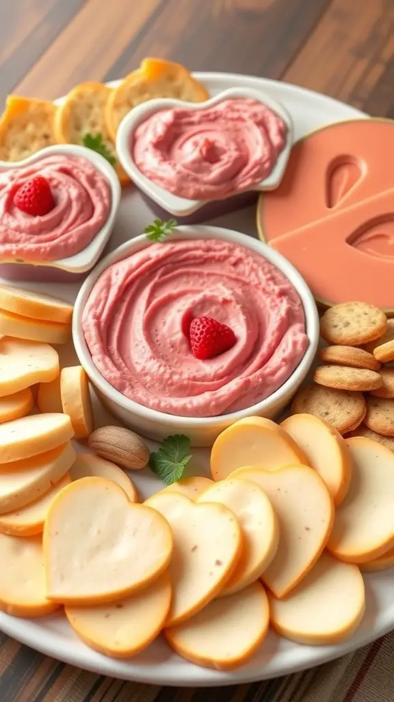 A platter with heart-shaped cheese slices, pink strawberry dip, and assorted crackers.