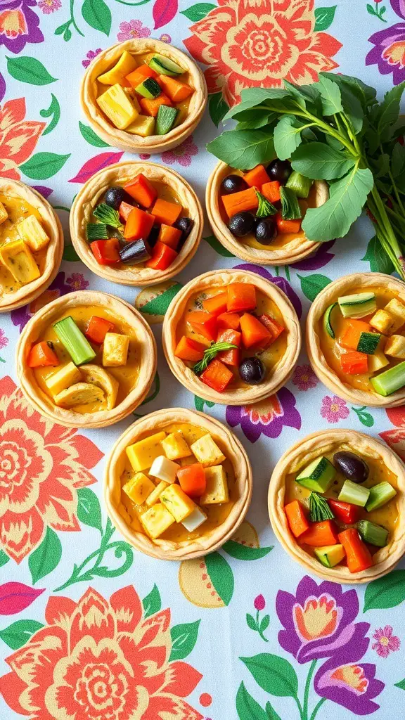 Mini quiches filled with seasonal vegetables on a colorful floral tablecloth.
