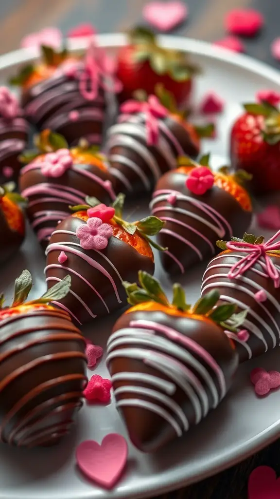 A plate of chocolate-dipped strawberries decorated with pink and white icing and small heart-shaped sprinkles.