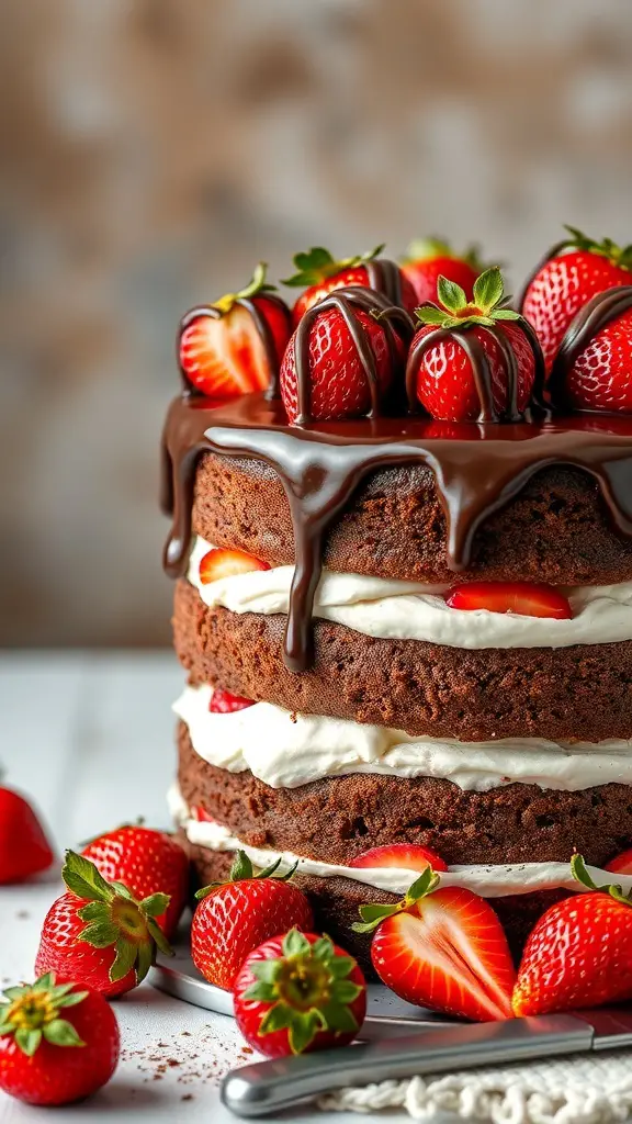 A beautiful Chocolate Strawberry Layer Cake topped with fresh strawberries and chocolate ganache.