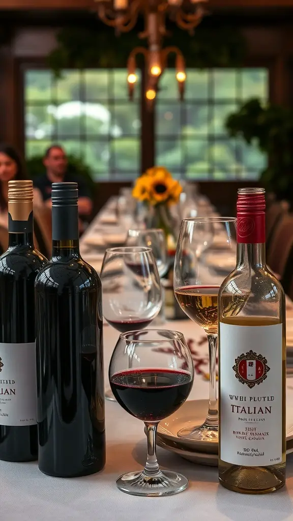 A selection of Italian wines on a dinner table, ready for a dinner party.