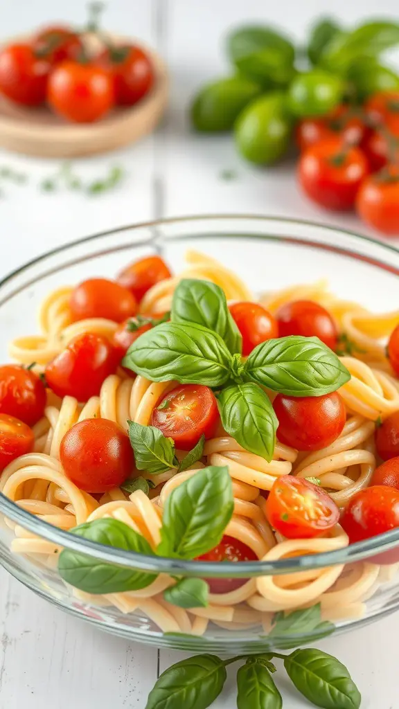 A bowl of pasta salad with cherry tomatoes and basil, garnished with fresh basil leaves.