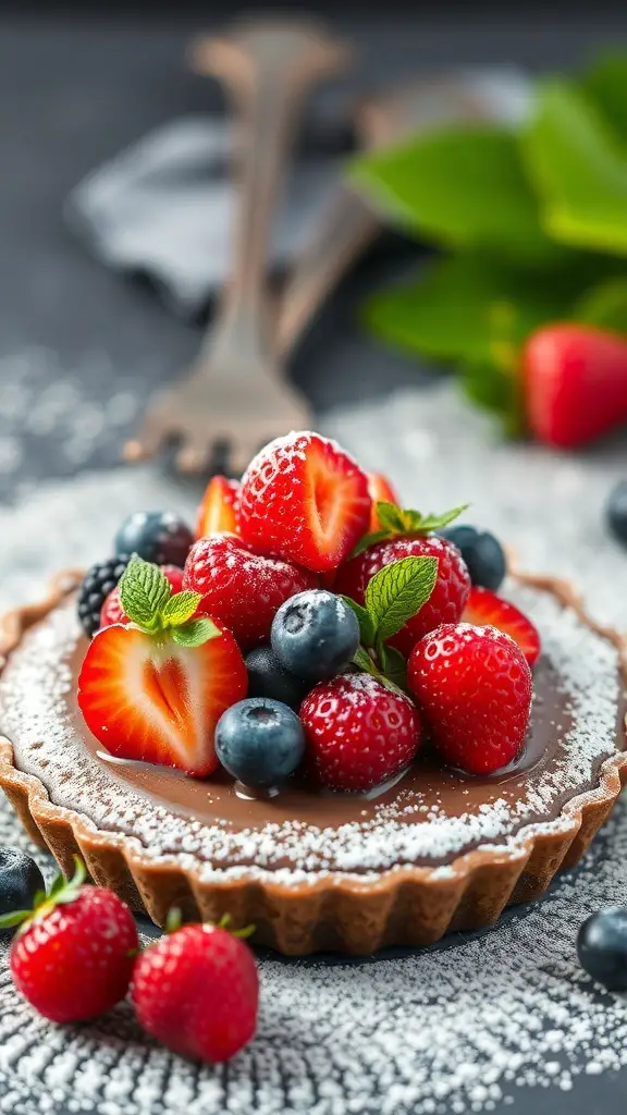 Chocolate mousse tart topped with fresh strawberries and blueberries, dusted with powdered sugar.