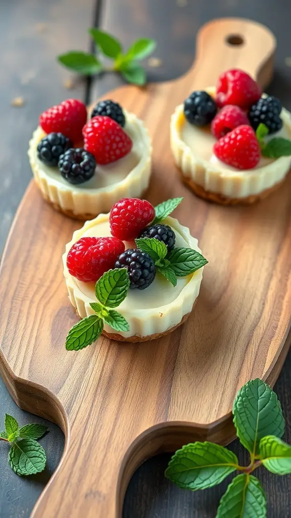 Mini cheesecakes topped with fresh raspberries and blackberries on a wooden board