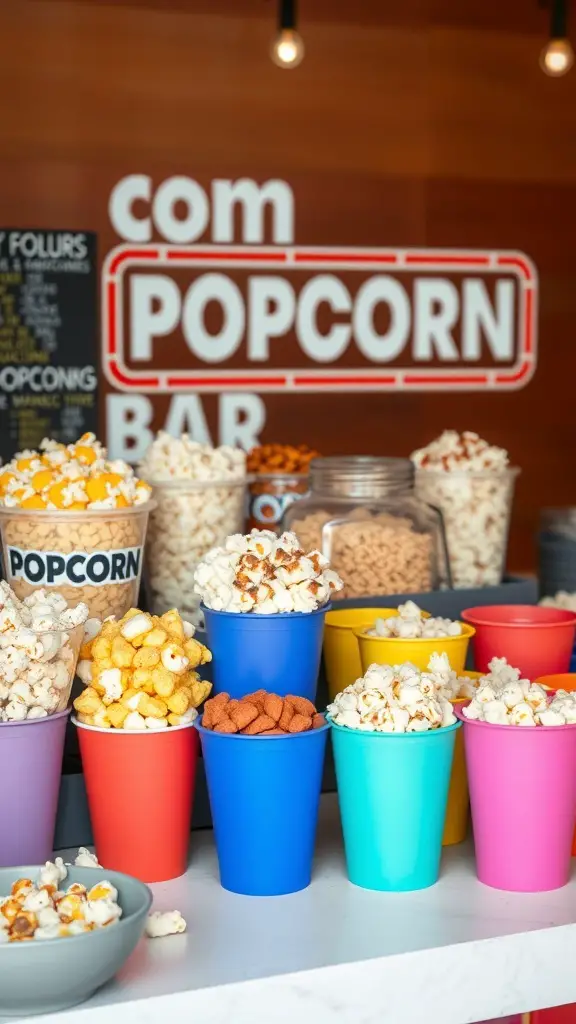 A colorful popcorn bar with various flavored popcorn in bright cups.