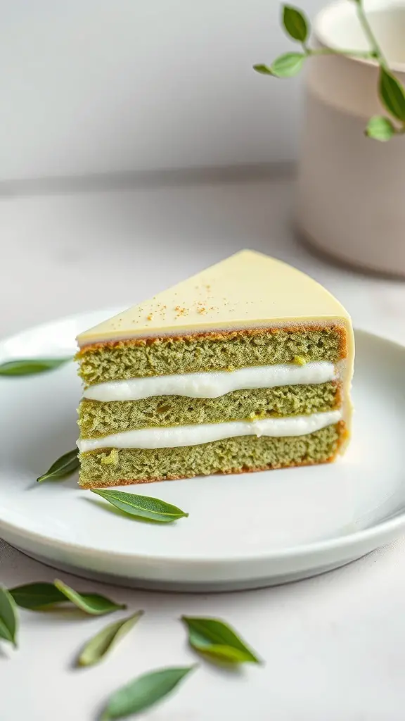 A slice of matcha green tea cake on a plate, decorated with green leaves.