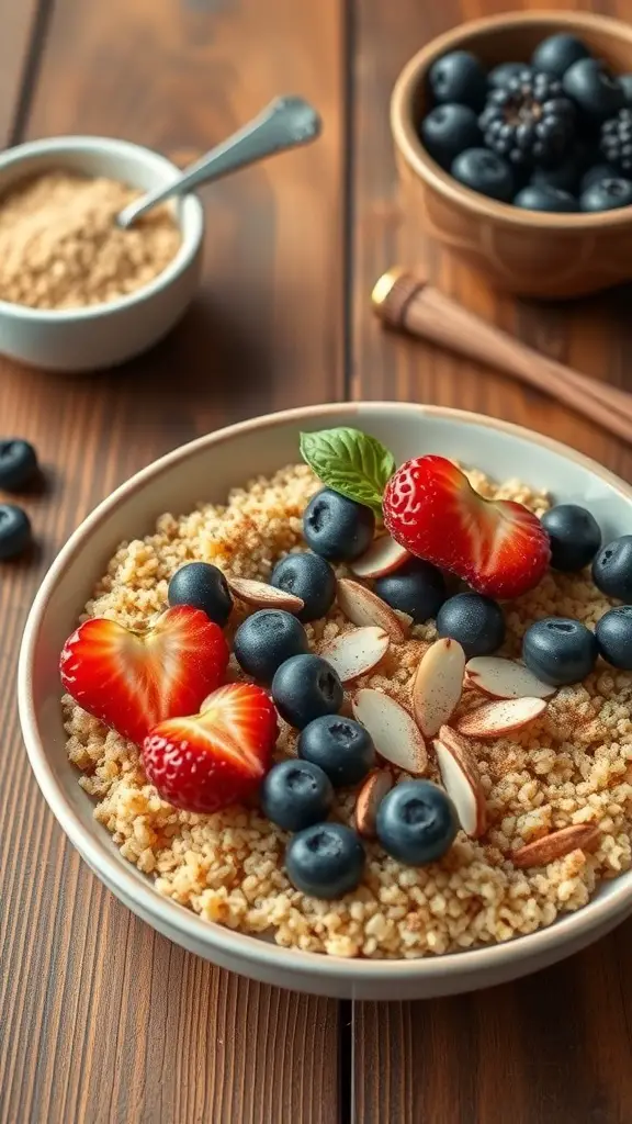 A quinoa breakfast bowl topped with strawberries, blueberries, and almonds on a wooden table.