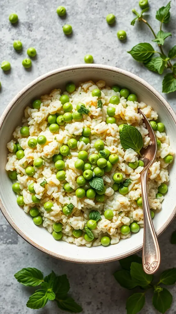 A bowl of creamy spring pea risotto topped with fresh green peas and mint leaves.