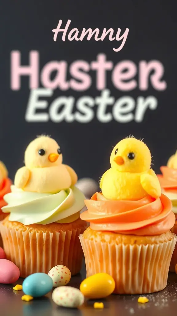 Colorful marshmallow chick cupcakes decorated for Easter