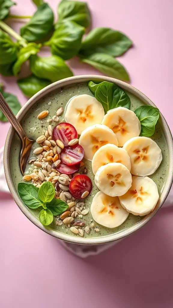 A smoothie bowl with spinach, banana slices, seeds, and berries on a pink background.