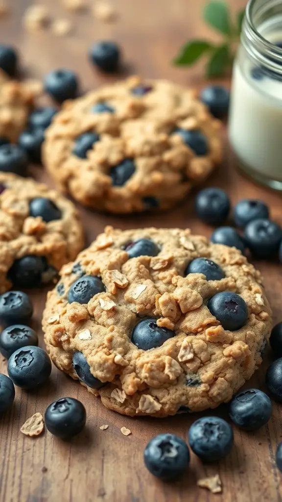 Blueberry oatmeal cookies with fresh blueberries and a glass of milk