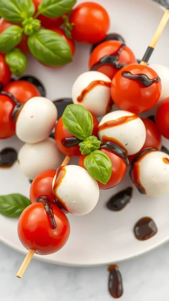 Caprese salad skewers with cherry tomatoes, mozzarella balls, and basil leaves drizzled with balsamic glaze.