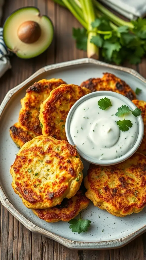 A plate of golden zucchini fritters served with a creamy tzatziki sauce, garnished with cilantro.