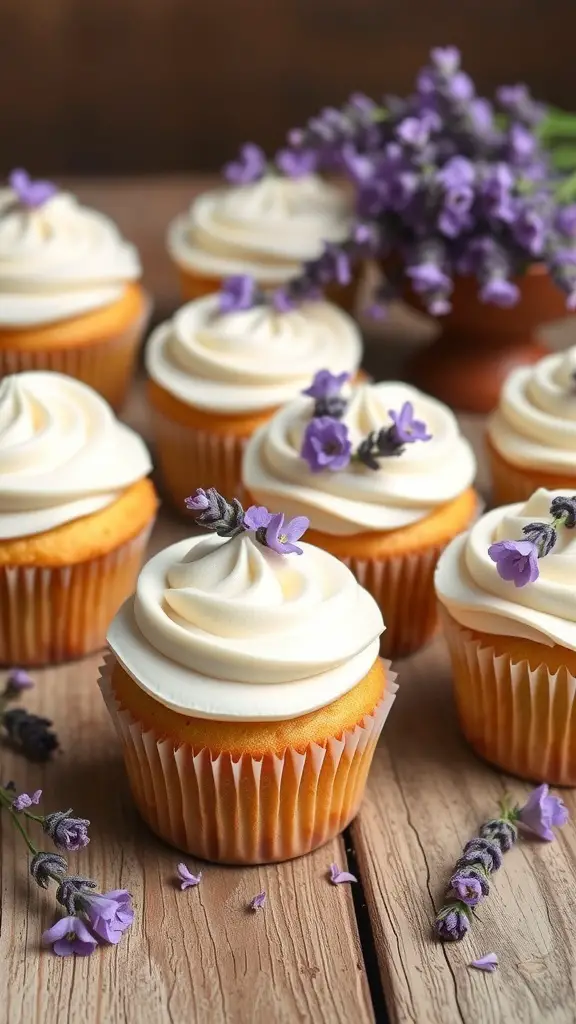Lavender honey cupcakes with creamy frosting and lavender sprigs on top