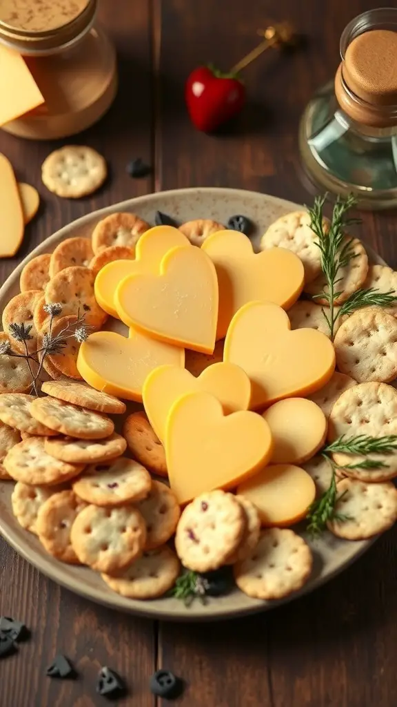 A plate of heart-shaped cheese slices and assorted crackers arranged for a Valentine's snack.