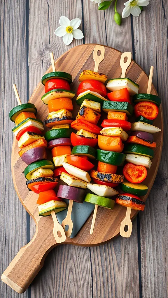 Colorful grilled vegetable skewers on a wooden platter