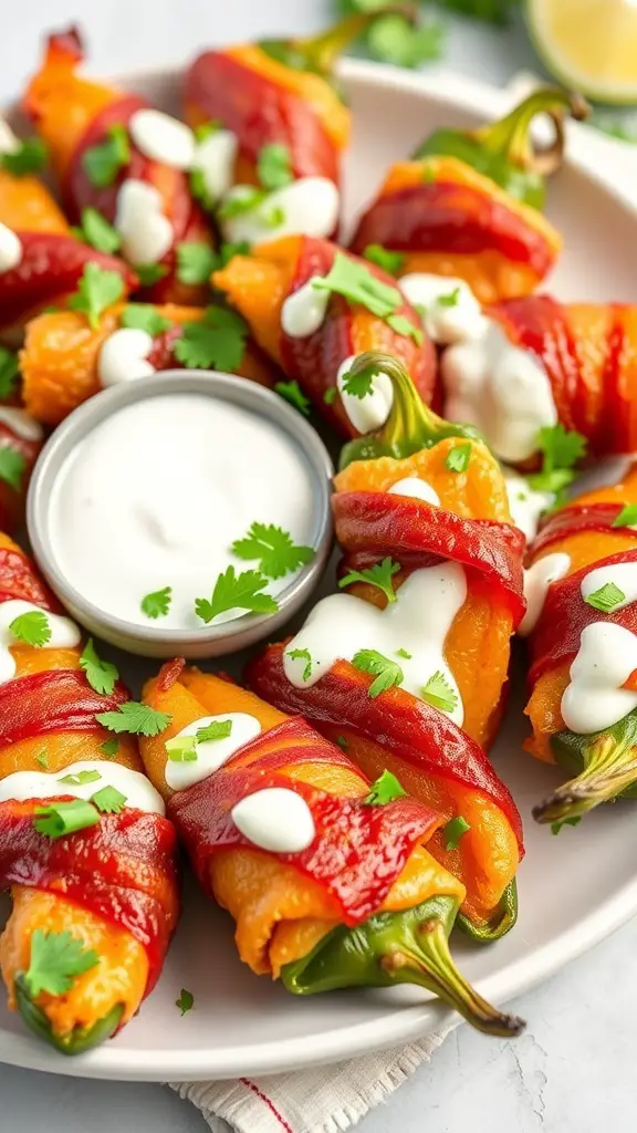 A plate of bacon-wrapped jalapeño poppers with a creamy dip and garnished with cilantro.