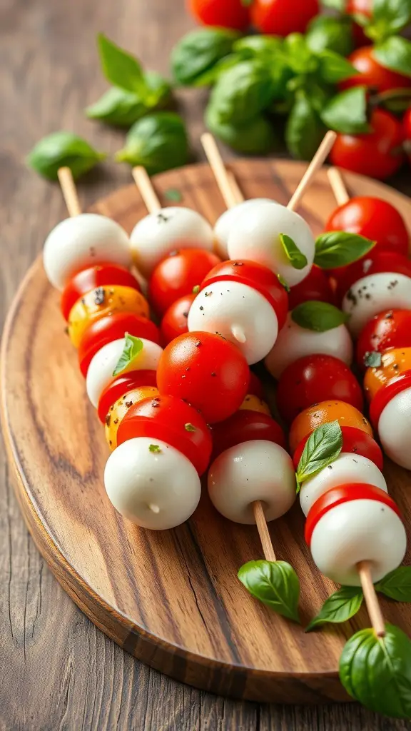Caprese salad skewers with cherry tomatoes, mozzarella, and basil on a wooden platter