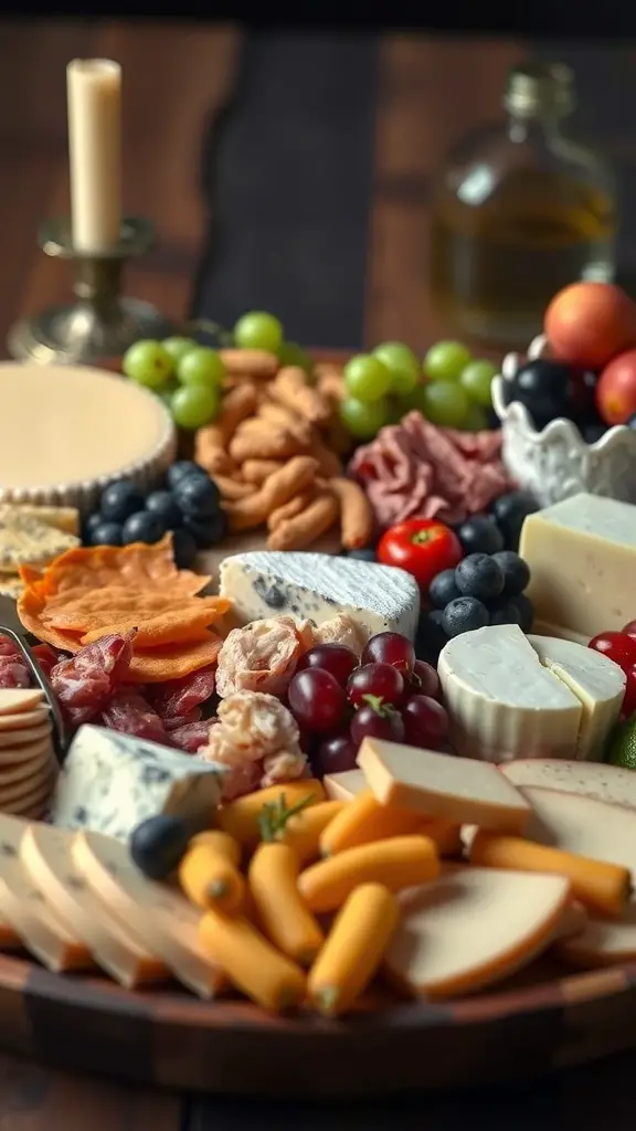 A beautifully arranged cheese and charcuterie board with various cheeses, meats, fruits, and nuts.