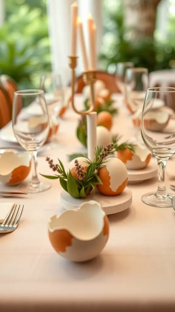 A beautifully set Easter dinner table featuring eggshell place settings with flowers and candles.