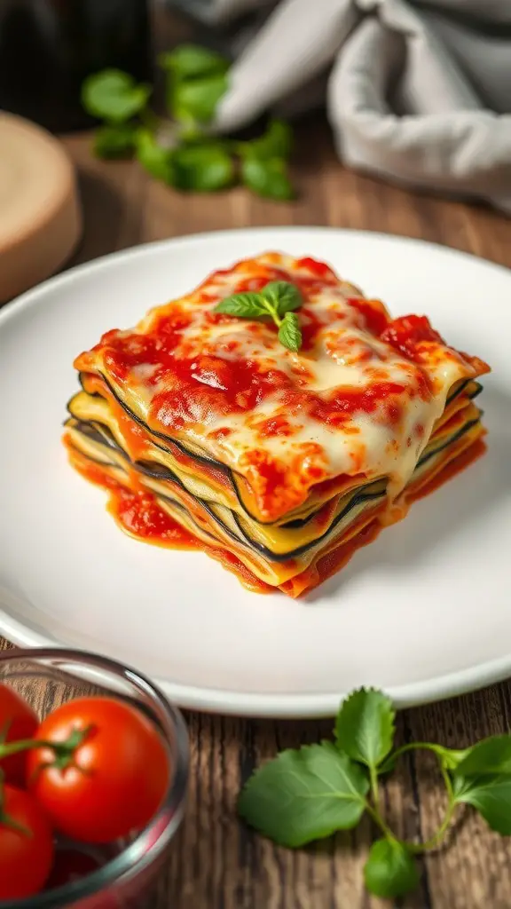 A plate of eggplant lasagna with tomato sauce and cheese, garnished with basil.