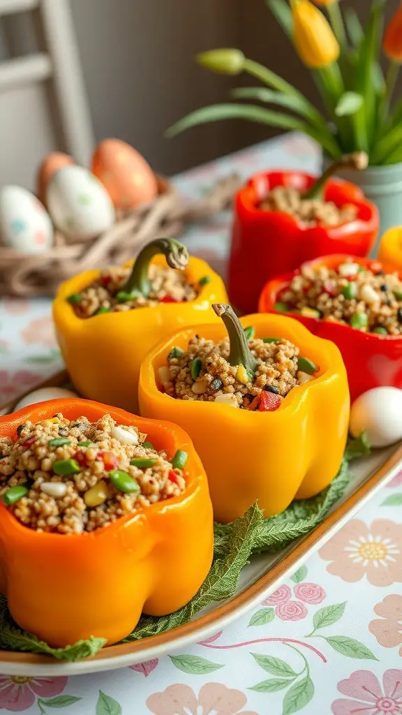 Colorful stuffed bell peppers filled with quinoa and vegetables, arranged on a plate.