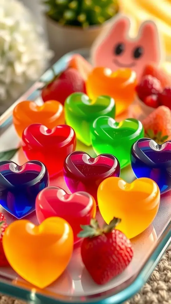 Colorful heart-shaped gelatin desserts on a tray with strawberries