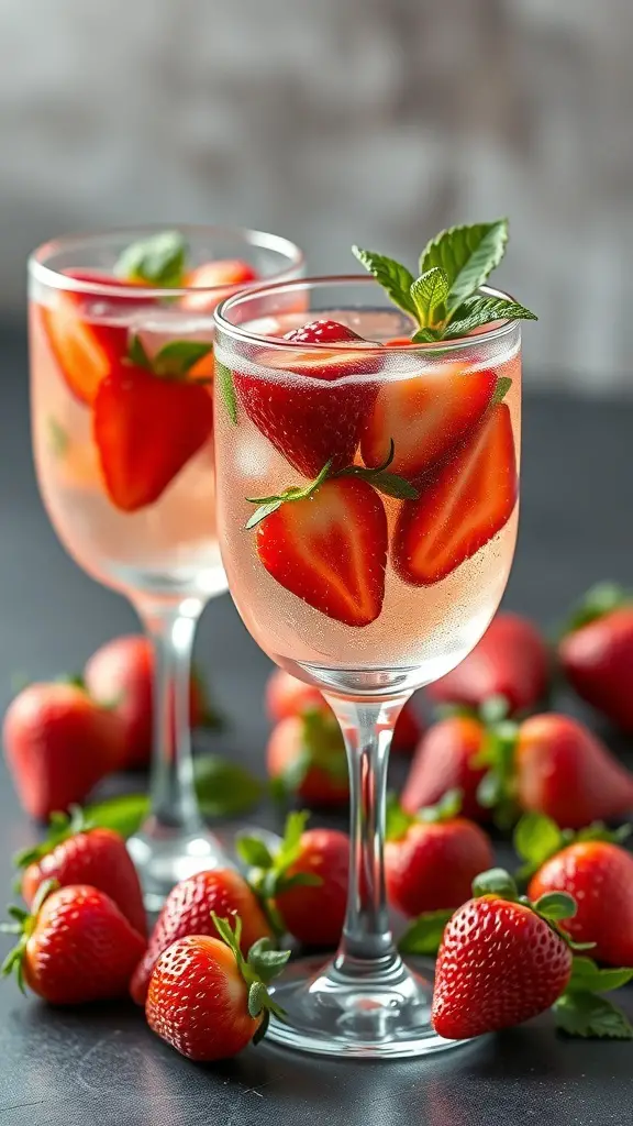 Two glasses of bubbly strawberry basil spritzers with fresh strawberries and basil leaves