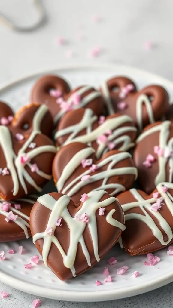 A plate of chocolate-covered pretzel hearts decorated with pink sprinkles.