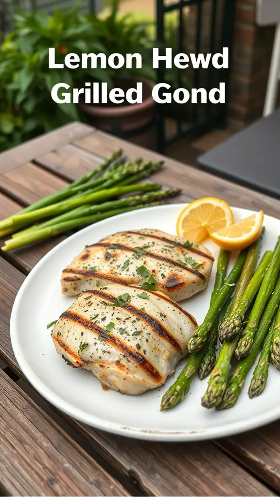 Plate of Lemon Herb Grilled Chicken with asparagus and lemon slices