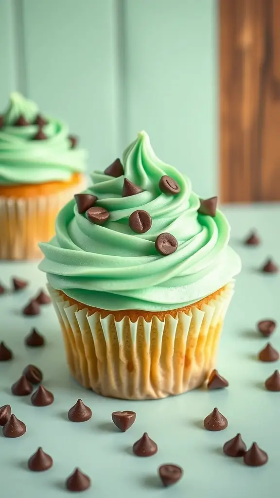 Mint chocolate chip cupcake with chocolate chips on top