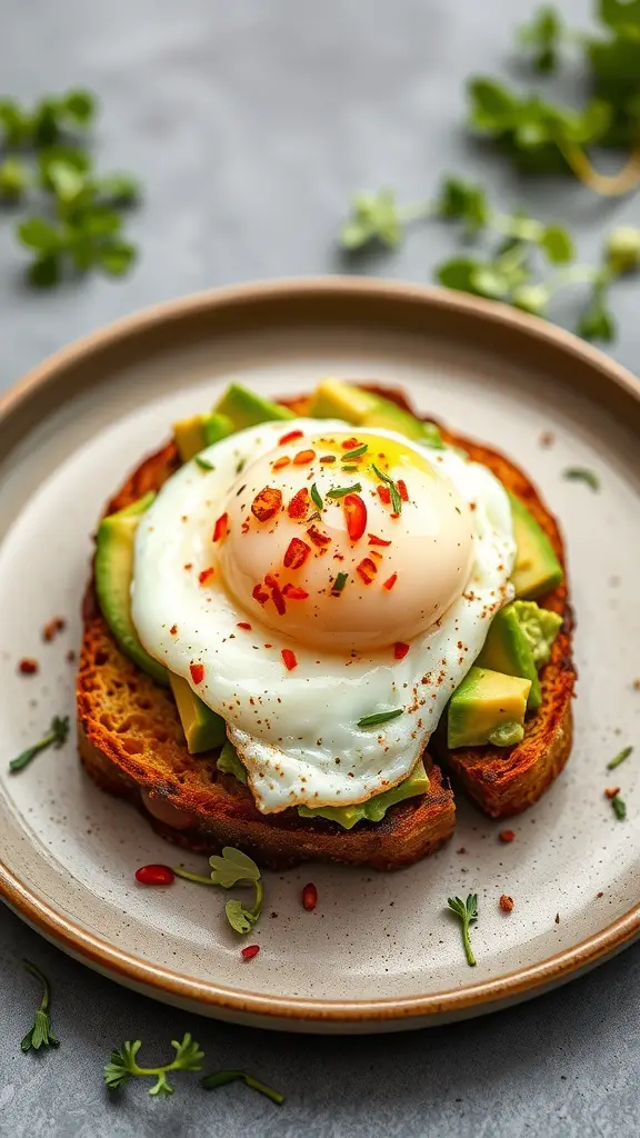 A plate of avocado toast topped with a poached egg, garnished with herbs and chili flakes.