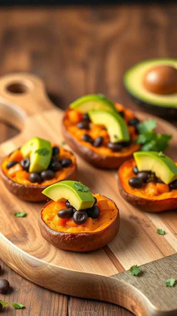 Sweet potato and black bean bites topped with avocado and cilantro on a wooden board.