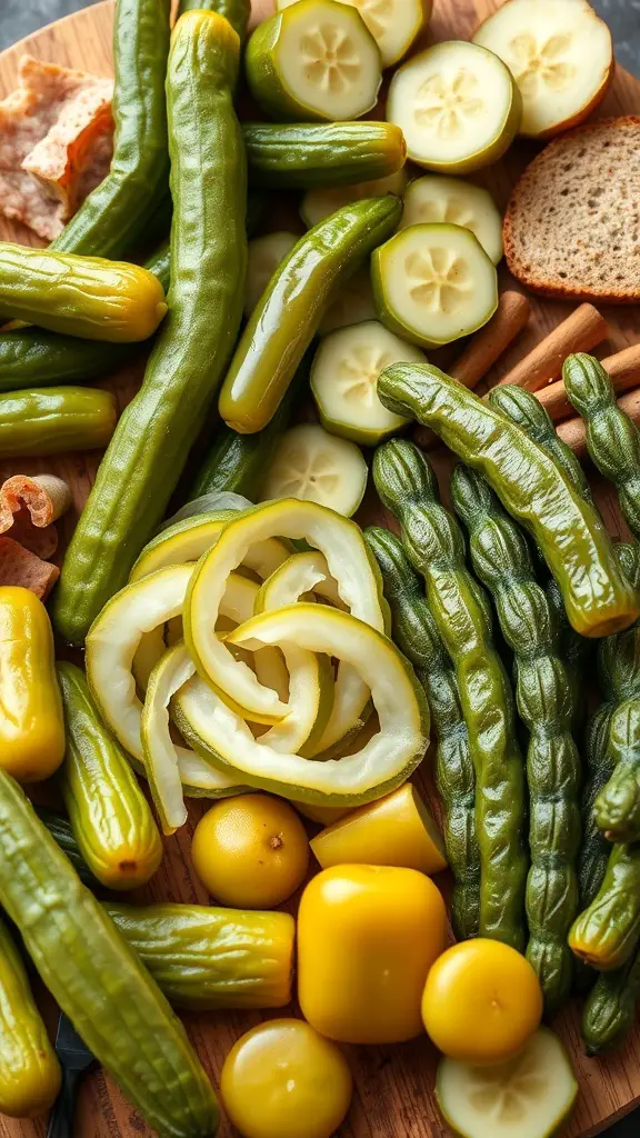 A variety of green pickles and yellow pickled vegetables on a wooden board.