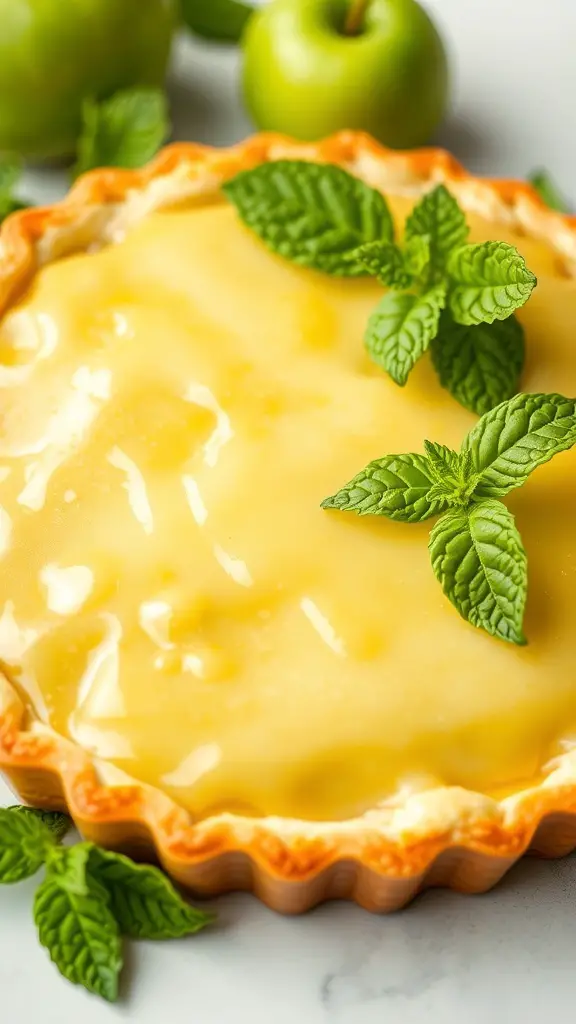 A green apple tart topped with mint leaves, surrounded by green apples.