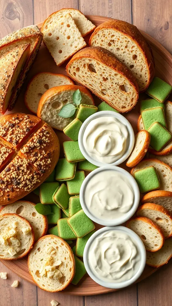 A charcuterie board featuring traditional Irish breads, crackers, and creamy dips.