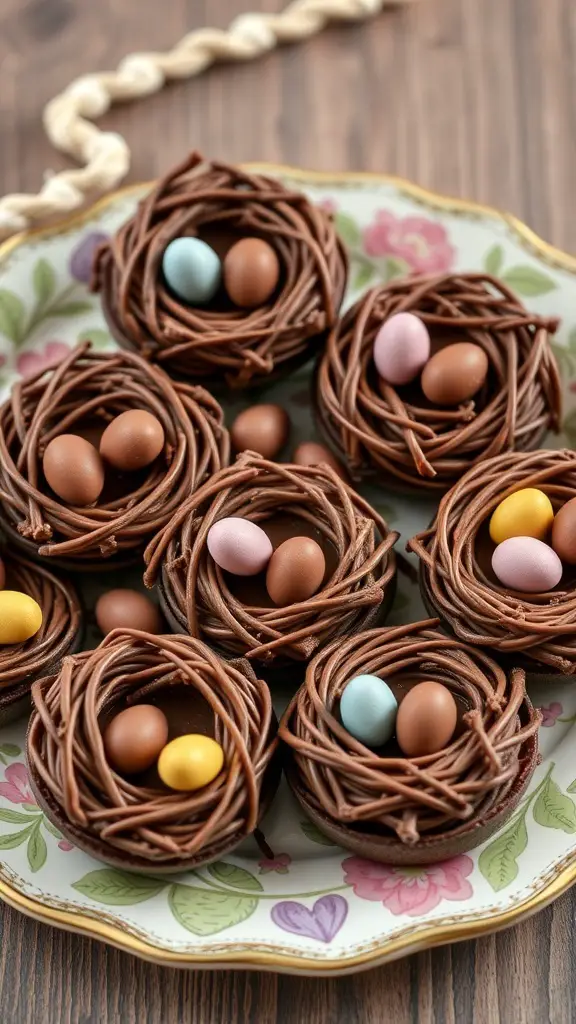 A plate of chocolate nest treats filled with mini eggs, perfect for Easter baking.