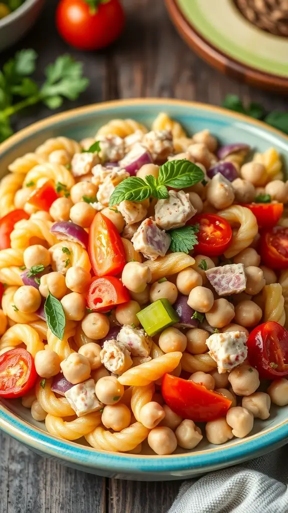A bowl of Tuna and Chickpea Pasta Salad with cherry tomatoes and herbs.