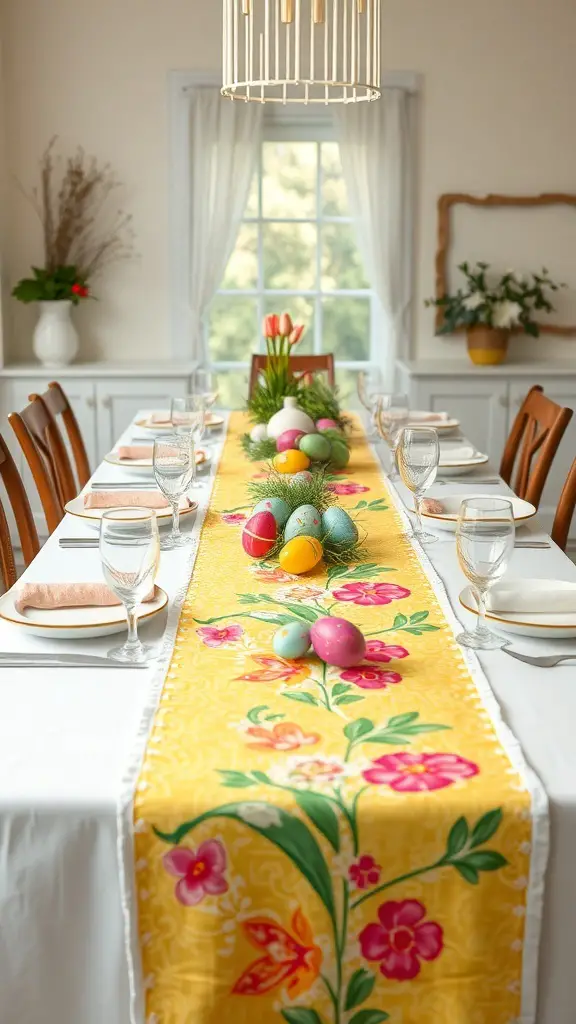 A beautifully set Easter dinner table with a bright yellow floral table runner, decorated eggs, and elegant glassware.